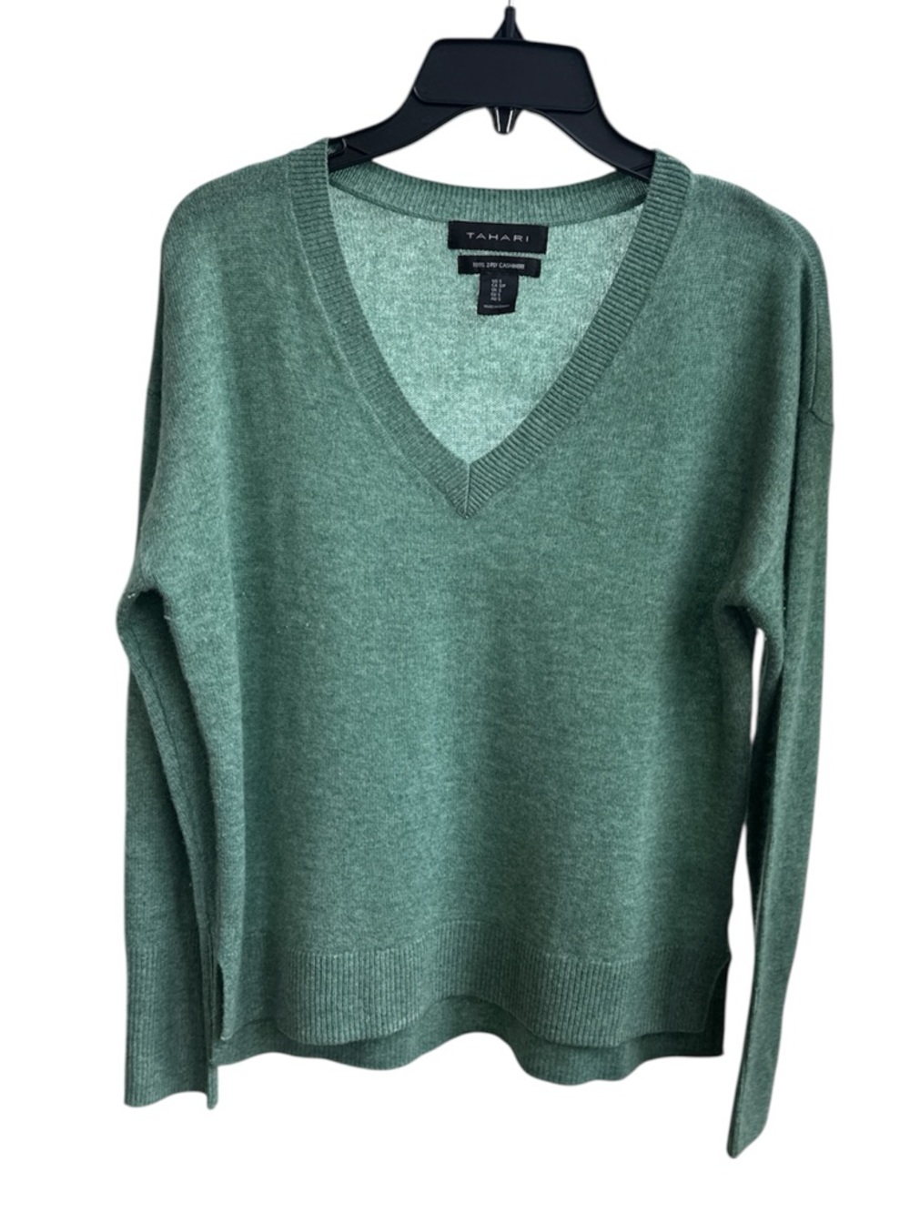 Tahari women's green olive 2-ply cashmere V-neck cropped pullover sweater Size S